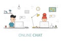 Online chat flat design vector illustration. Young girl and boy with laptop.