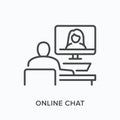 Online chat flat line icon. Vector outline illustration of man and woman using computer for videoconference. Remote