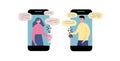 Online chat man and woman. Couple chat on a cell phone. Cartoon man and woman. Flat vector design. girl with guy talking on the Royalty Free Stock Photo