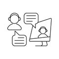 Online chat vector icon. People in headphones talking via internet. Video conversation icon. For freelance, distant work