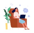 Online chat. Woman with wine glass and laptop. Video call, social media addiction or freelance work vector concept