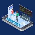 Online check-in service, mobile app isometric vector concept for remote registration