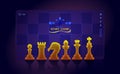 Online chess landing page. Colorful start page template, set of chess pieces, chessboard background, menu with icons, neon color,