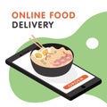 Online chinese food delivery banner design. Order ramen online using smartphone app. Vector flat cartoon illustration Royalty Free Stock Photo