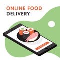 Online chinese food delivery banner design. Order sushi online using smartphone app. Vector flat cartoon illustration Royalty Free Stock Photo