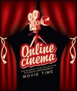 Online cinema banner with curtains and old camera