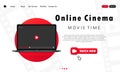 Online cinema banner. Modern laptop concept. Home online cinema. Vector on isolated white background. EPS 10 Royalty Free Stock Photo