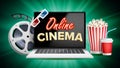Online Cinema Poster Vector. Modern Laptop Concept. Home Online Cinema. Royalty Free Stock Photo