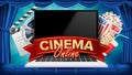 Online Cinema Poster Vector. Modern Laptop Concept. Home Online Cinema. Theater Curtain. Package Full Of Jumping Popcorn Royalty Free Stock Photo