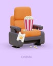 Online cinema. Rest, movie, delicious snacks. Commercial poster in cartoon style