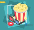 Online cinema tickets ordering, food. Delivery online service, Flat 3d isometric illustration.