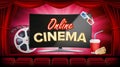 Online cinema vector. Banner with computer monitor. Red curtain. Theater, 3D glasses, film-strip cinematography. Online