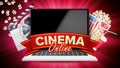 Online Cinema Vector. Banner With Laptop. Film Industry Elements. Film Tape For Cinematography. Billboard, Promo Concept Royalty Free Stock Photo