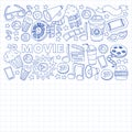 Online cinema vector icons. Background with popcorn, movie illustration, musical notes.