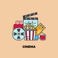 Online cinema. Web movie service concept, internet channel. Line popcorn, 3d glasses, red theater seats icons, vector