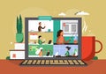 Online class in zoom teleconference. Virtual school education concept vector illustration. Students with laptops listen