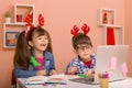 Online classes, teaching online. Kids learning online Royalty Free Stock Photo