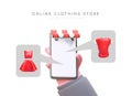 Online clothing store phone application. Realistic hand holds smartphone, buyer chooses clothes