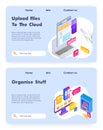 Online cloud office. Upload files to cloud storage technology. Business 3d concept Vector web site design template