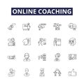 Online coaching line vector icons and signs. coaching, e-learning, tutoring, mentoring, teaching, training, consultation
