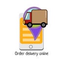 Online commercial car truck rent service icon, order delivery flat design of mobile phone for poster, banner, logo, website. Royalty Free Stock Photo