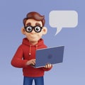 Online Communication And Digital Learning Concept. Friendly Nerd Cartoon Character Using Laptop With Speech Bubble In Clean Modern Royalty Free Stock Photo
