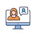 Online communication icon. Woman on a computer screen with a speech bubble, representing communication, conversation, and digital Royalty Free Stock Photo