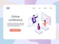 Online conference. Education isometric landidng page. Technology vector illustration