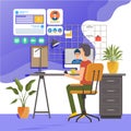 Online conference flat illustration. Man using computer to have video call with colleague or friends
