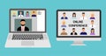 Online conference and training. Webinars or remote work. A group of people on a laptop and computer screen participating in an onl Royalty Free Stock Photo