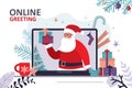 Online congratulations to Santa Claus. Father Christmas with gifts on laptop screen. Internet meeting, technology of remote