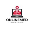 Online consultation and medicine, doctor on laptop screen, logo design. Remote medical diagnosis, healthcare, hospital, clinic and Royalty Free Stock Photo