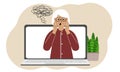 Online consultation with a psychologist. Laptop with a grandmother with confused thoughts. Psychotherapeutic practice