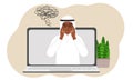 Online consultation with a psychologist. Laptop with a muslim man with confused thoughts. Psychotherapeutic practice