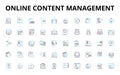 Online content management linear icons set. Publishing, Editing, Writing, Optimization, Analytics, Layout, Design vector