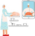 Online cooking course. Old woman cooking turkey for Thanksgiving or Christmas day. Vector stock flat illustration for