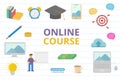 Online course doodle concept with sign or symbol education training - vector Royalty Free Stock Photo