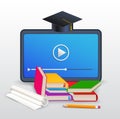 Online courses, e-learning, education, distance training with tablet, books, textbooks, pencil and graduation cap