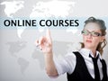 Online courses written in search bar on virtual screen. Internet technologies in business and home. woman in business
