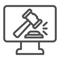 Online Court line icon. Justice office online, monitor with hammer or auction. Jurisprudence vector design concept