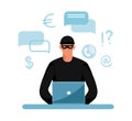 Online crime concept illustration, online social media fraud. A swindler and a thief are working at the computer. Vector