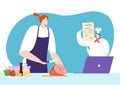 Online culinary school, vector illustration, flat woman character cooking food at kitchen, use video recipe from tiny