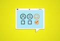 Online Customer Review Concept. Web page speech bubble Design With Three Emoticons. Happy Emoji Selected and Checked checkbox by