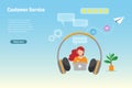 Online customer service, call center with headphone, microphone and evaluation rating face icons. Customer assistance, support and