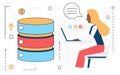 Online data cloud storage, woman character working with database datacenter server