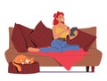 Online Date, Virtual Relations Concept. Female Character Sitting on Sofa with Mobile, Laughing, Drink Wine, Chatting