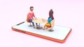 Online dating app in 3d smartphone with young couple on a coffee date