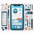 Online dating app interface with profile creation, matching alg