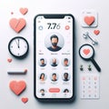 Online dating app interface with profile creation, matching alg