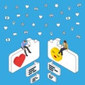 Online dating and chat. Isometric People sit on the dialog box. Social media marketing 3d isometric concept.